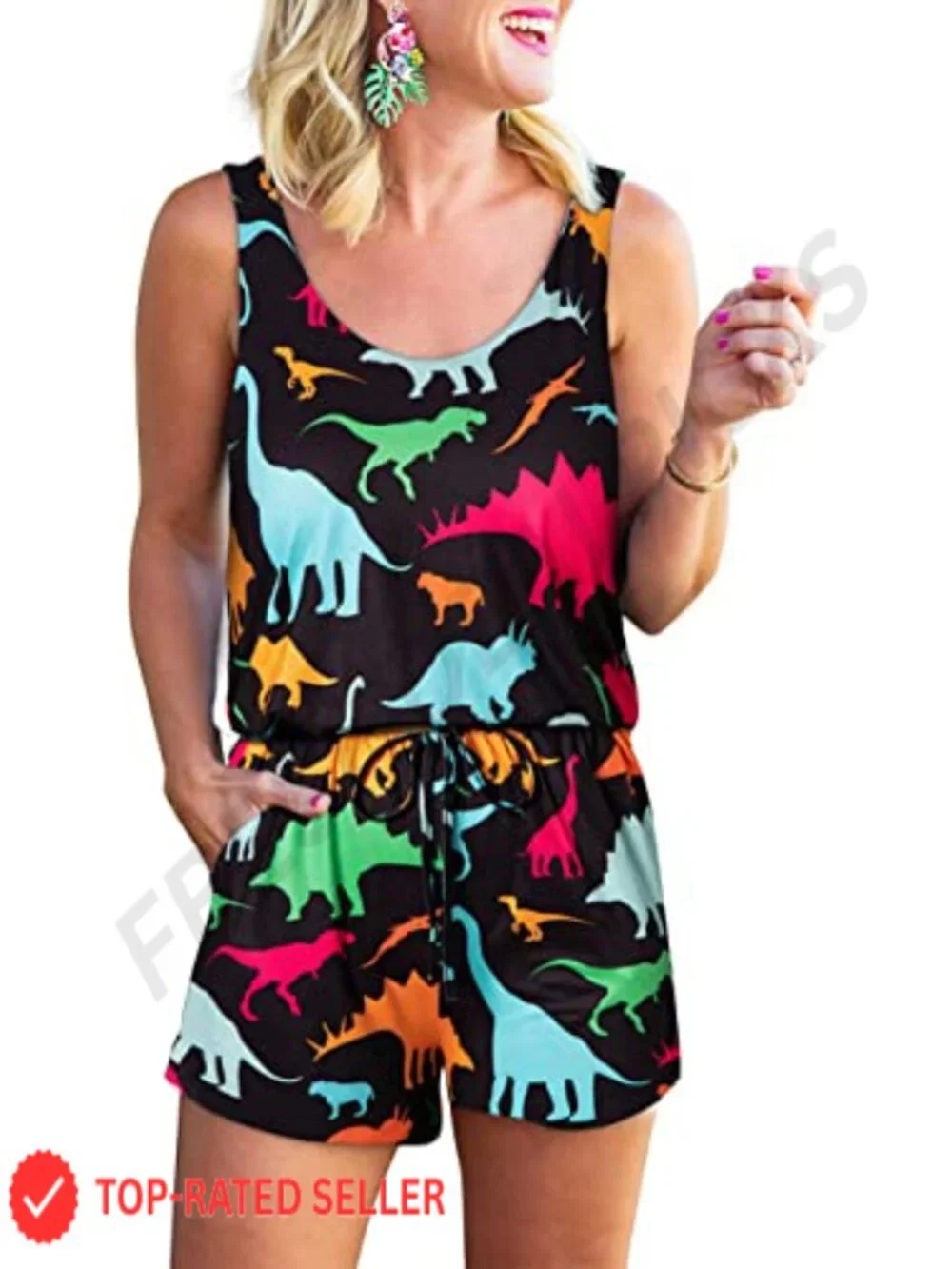Womens Summer Romper Scoop Neck Short Jumpsuit Pockets